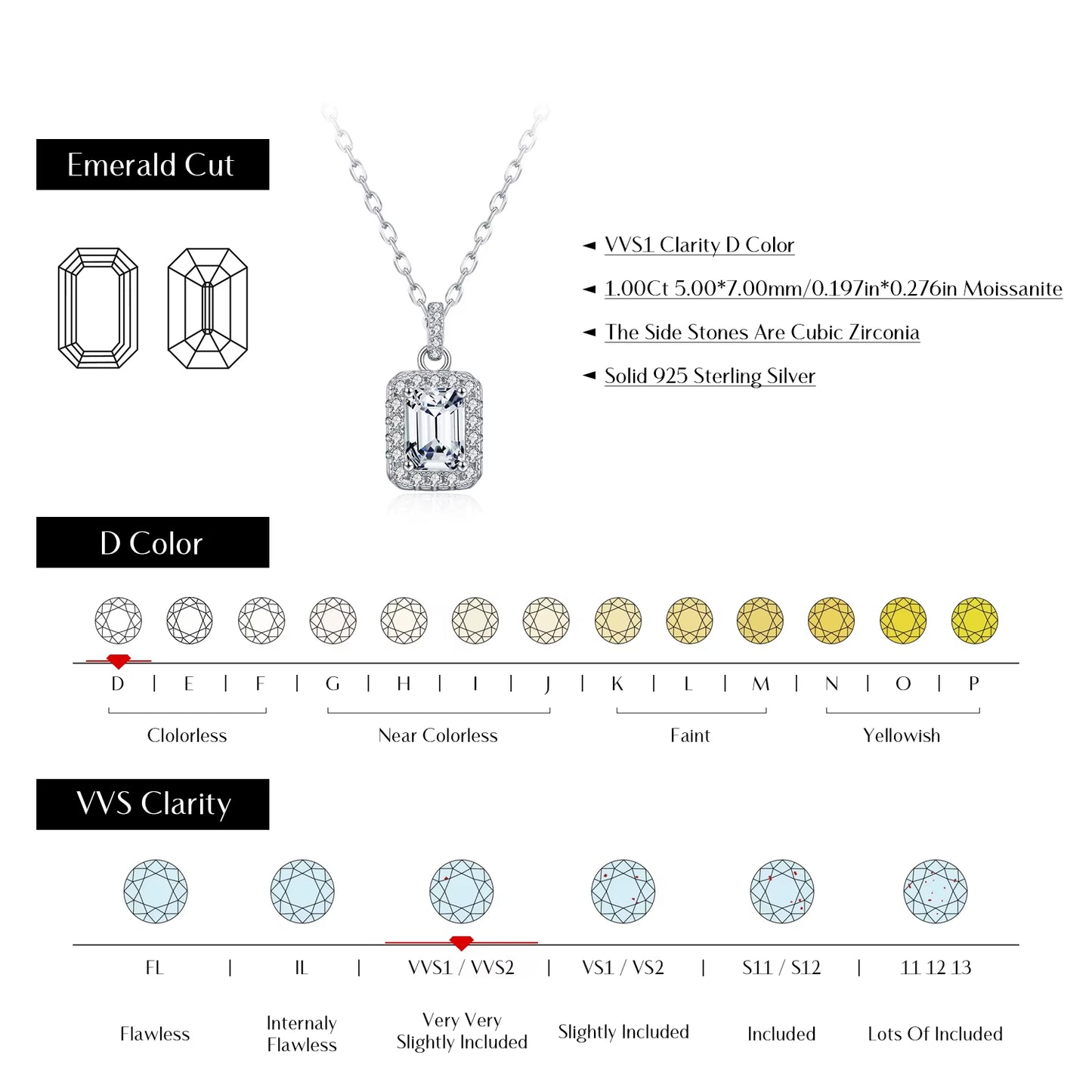 1CT D Color Emerald Cut Moissanite Halo Necklace 925 Sterling Silver Rectangle Wedding Pendant Necklace for Women Jewelry