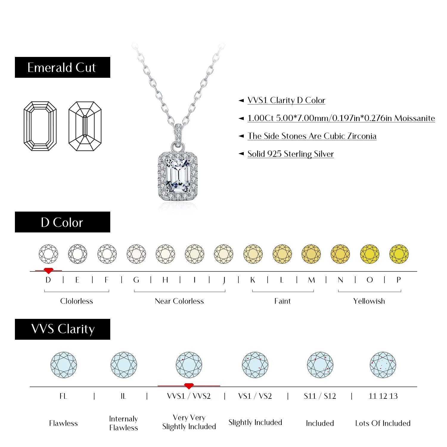 1CT D Color Emerald Cut Moissanite Halo Necklace 925 Sterling Silver Rectangle Wedding Pendant Necklace for Women Jewelry