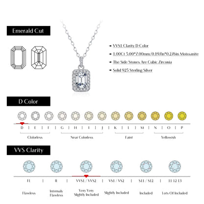 1CT D Color Emerald Cut Moissanite Halo Necklace 925 Sterling Silver Rectangle Wedding Pendant Necklace for Women Jewelry
