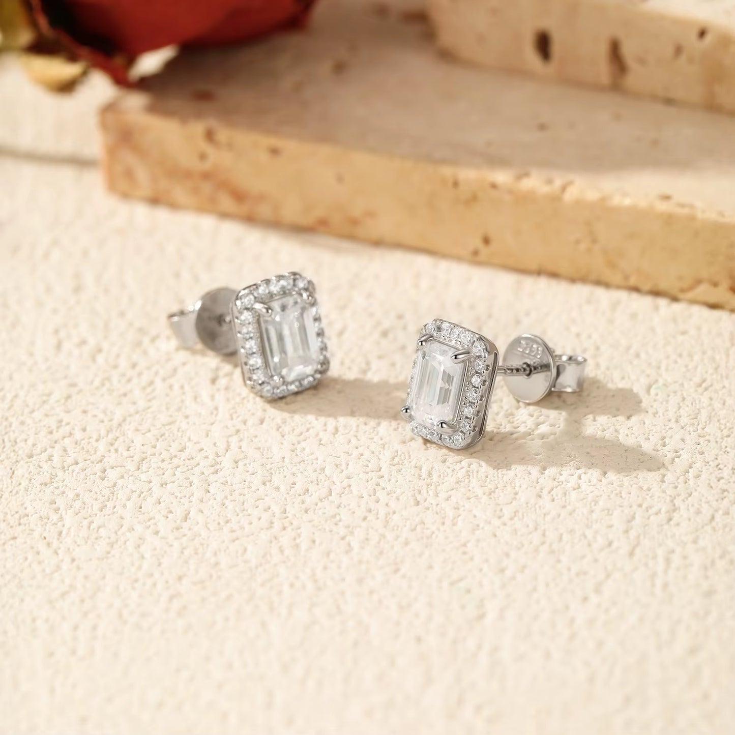 Emerald Cut Moissanite Ear Studs 925 Sterling Silver Classic Luxury Halo Earrings for Women Wedding Fine Jewelry Gift