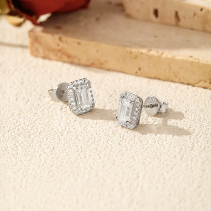 Emerald Cut Moissanite Ear Studs 925 Sterling Silver Classic Luxury Halo Earrings for Women Wedding Fine Jewelry Gift