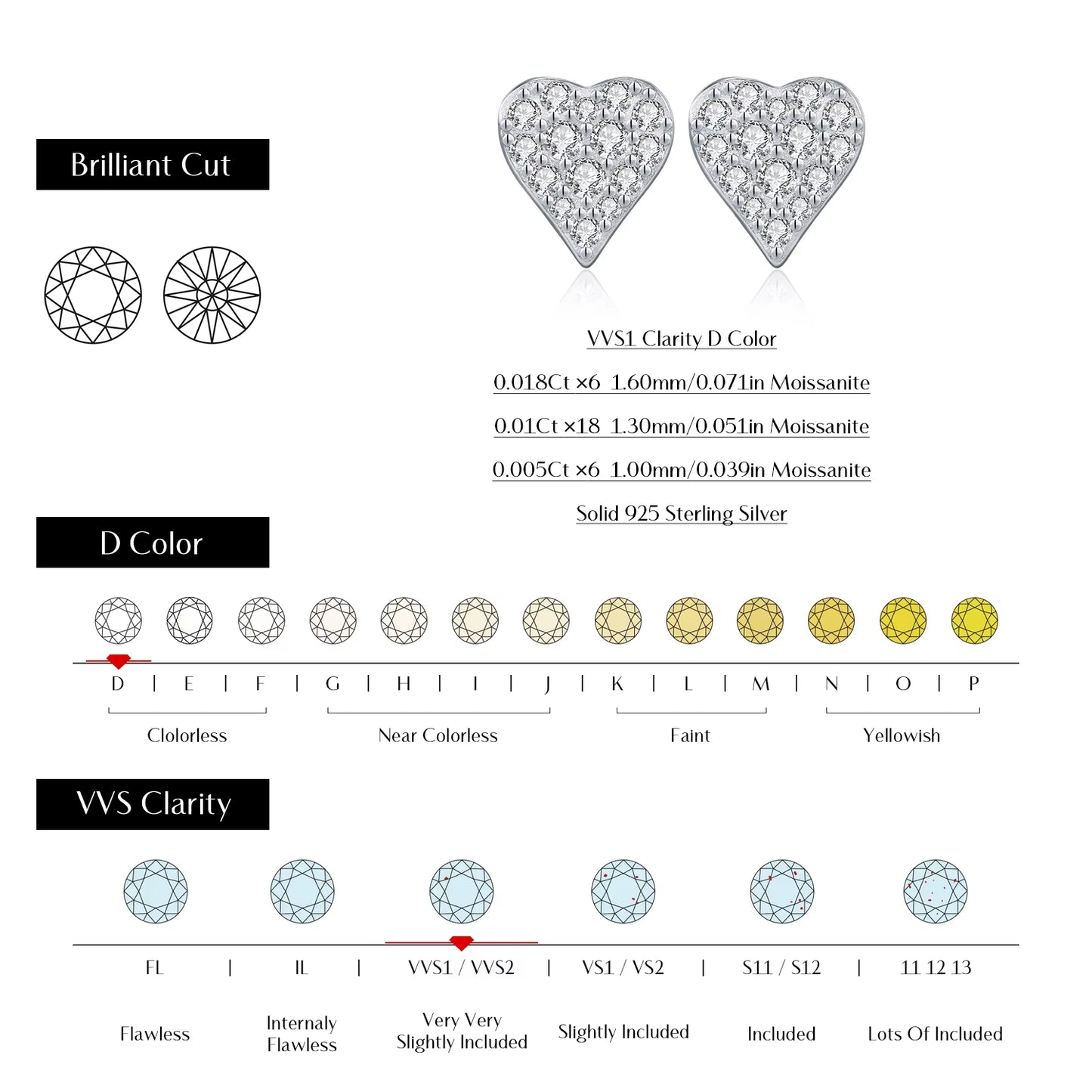D Color Moissanite Simple Daily Wear Ear Studs 925 Sterling Silver Heart Small Stud Earrings for Women Fine Party Jewelry