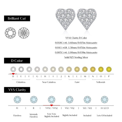 D Color Moissanite Simple Daily Wear Ear Studs 925 Sterling Silver Heart Small Stud Earrings for Women Fine Party Jewelry