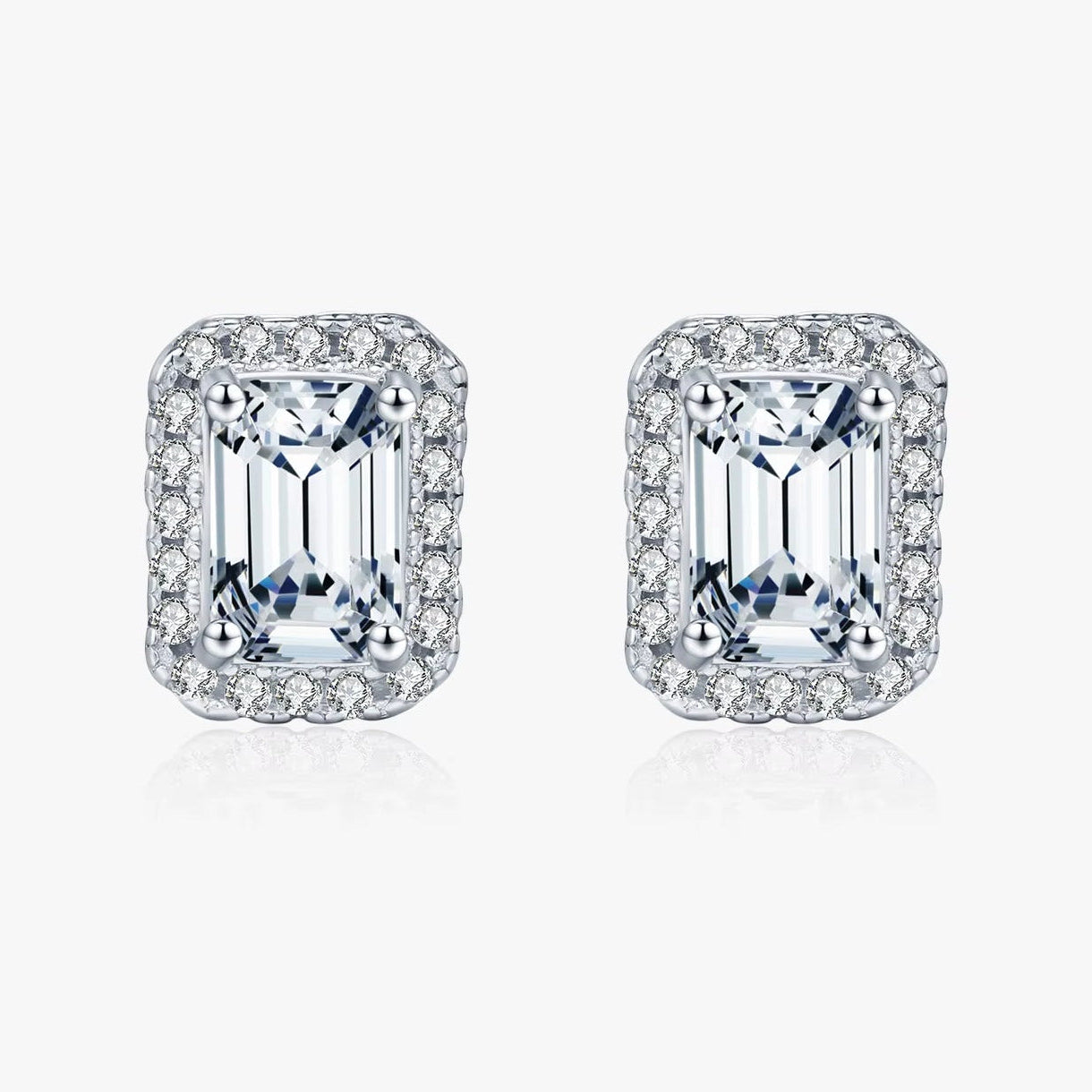 Emerald Cut Moissanite Ear Studs 925 Sterling Silver Classic Luxury Halo Earrings for Women Wedding Fine Jewelry Gift