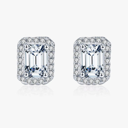 Emerald Cut Moissanite Ear Studs 925 Sterling Silver Classic Luxury Halo Earrings for Women Wedding Fine Jewelry Gift