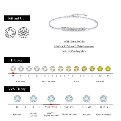 D Color Moissanite 925 Sterling Silver Simple Bracelet round Lab Diamond Chain Link Jewelry for Women Luxury Wedding Gift