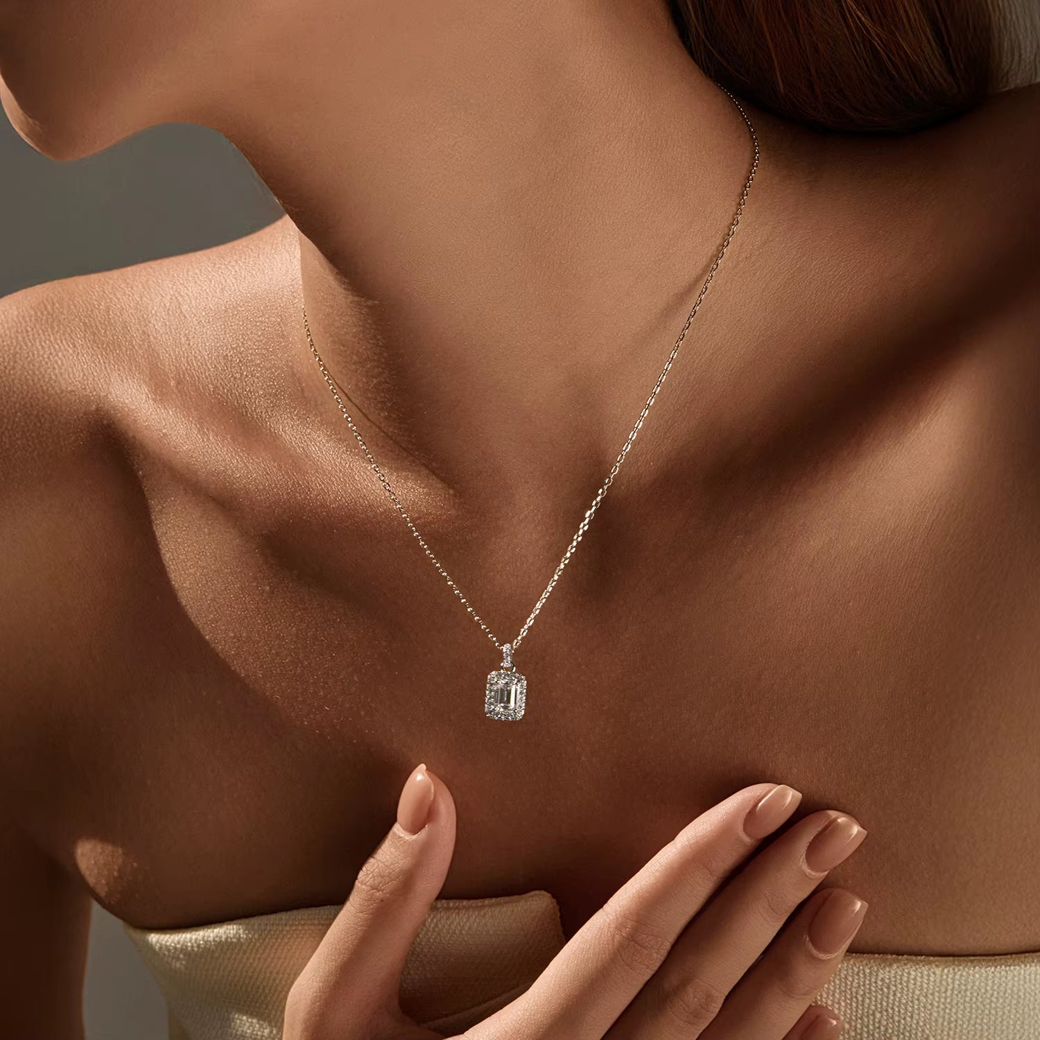1CT D Color Emerald Cut Moissanite Halo Necklace 925 Sterling Silver Rectangle Wedding Pendant Necklace for Women Jewelry