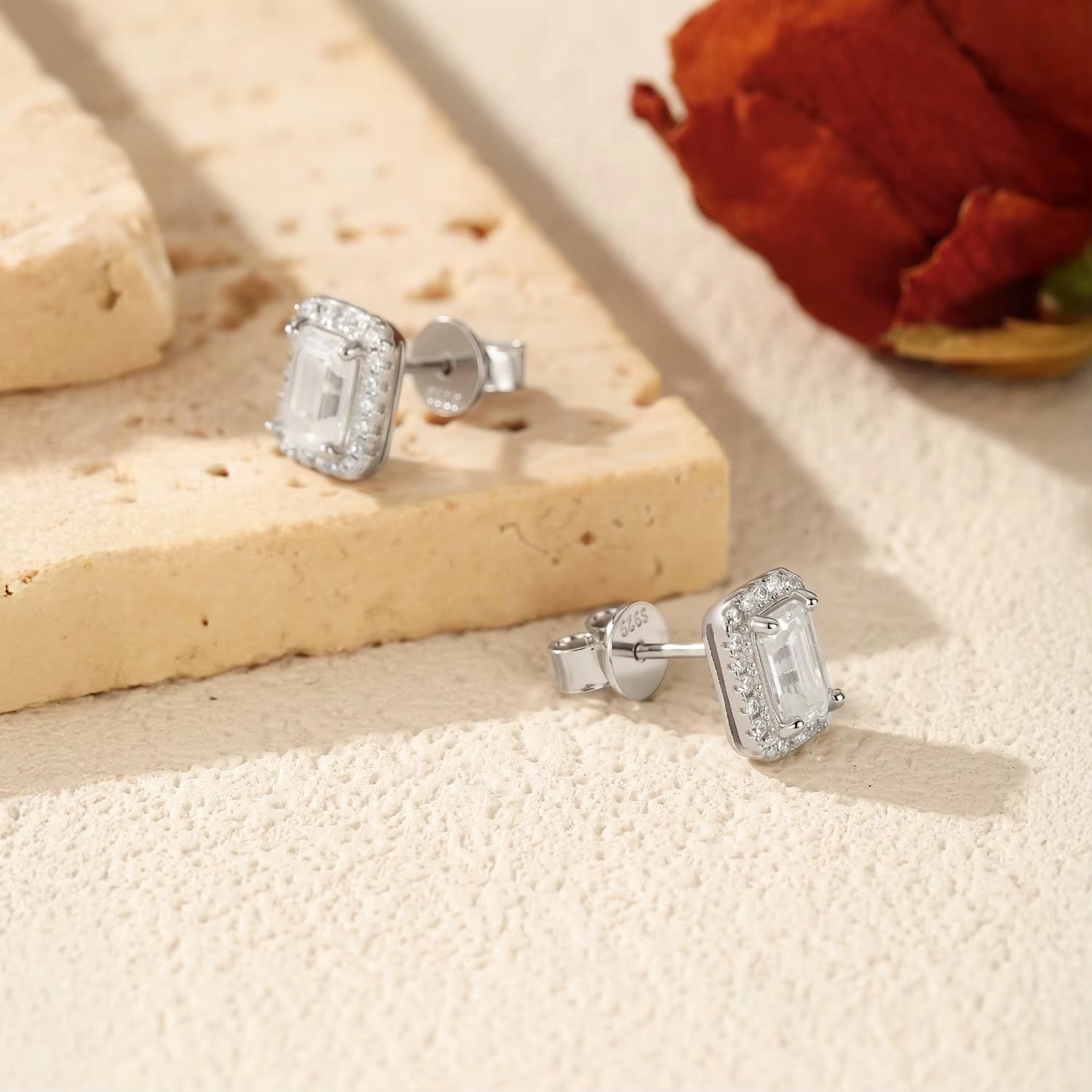 Emerald Cut Moissanite Ear Studs 925 Sterling Silver Classic Luxury Halo Earrings for Women Wedding Fine Jewelry Gift