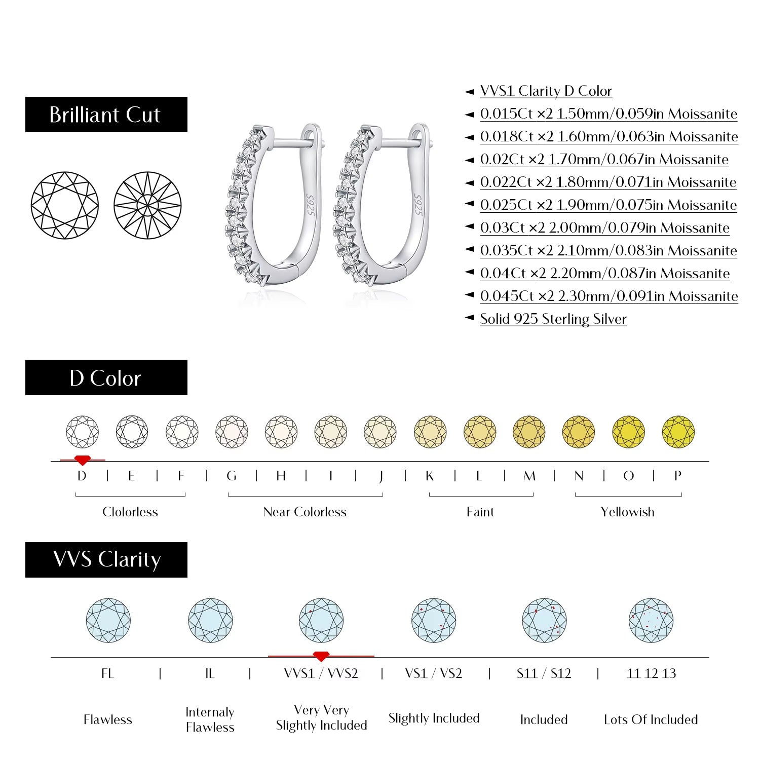 D Color Moissanite U Shape Hoop Earrings 925 Sterling Silver Exquisite Elegant Ear Buckle for Women Daily Fine Jewelry