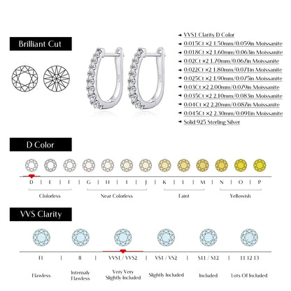 D Color Moissanite U Shape Hoop Earrings 925 Sterling Silver Exquisite Elegant Ear Buckle for Women Daily Fine Jewelry