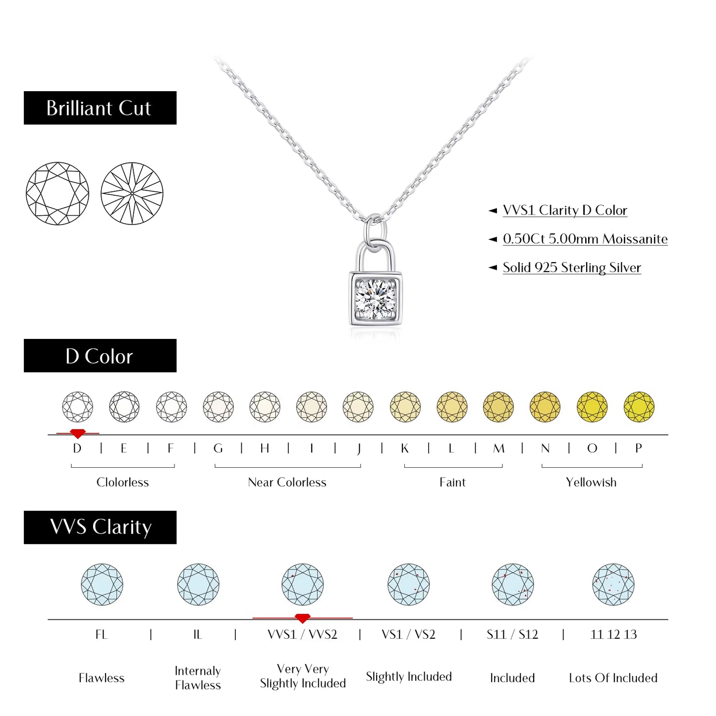0.5 Carat D Color Moissanite Lock Pendant Necklace for Women 925 Sterling Silver Party Stackable Fine Jewelry with Boxes