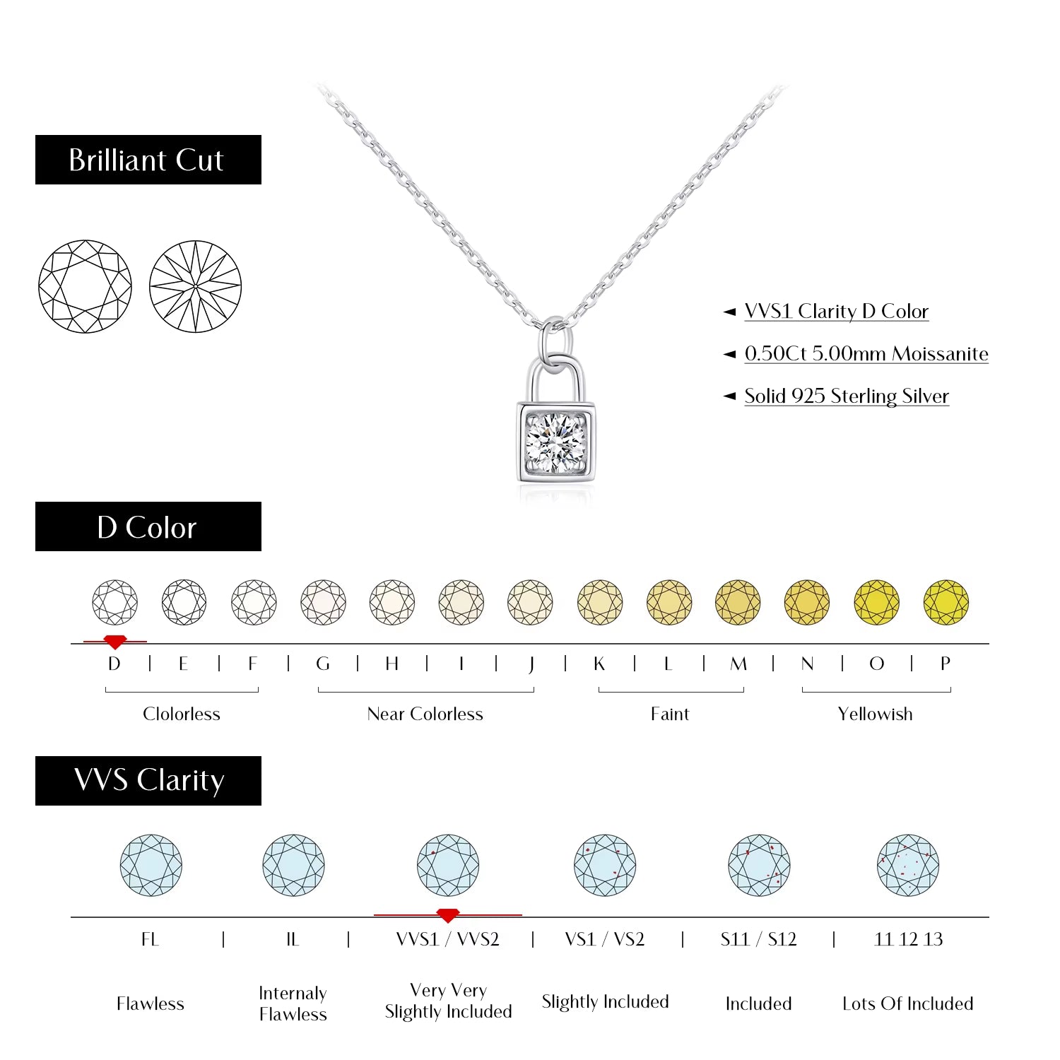 0.5 Carat D Color Moissanite Lock Pendant Necklace for Women 925 Sterling Silver Party Stackable Fine Jewelry with Boxes