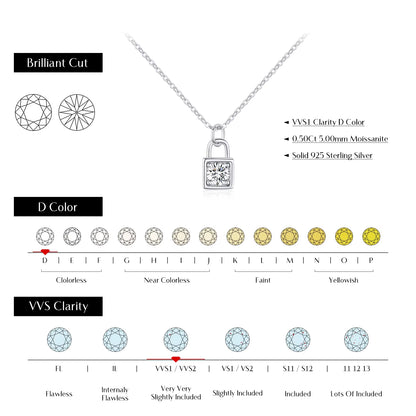 0.5 Carat D Color Moissanite Lock Pendant Necklace for Women 925 Sterling Silver Party Stackable Fine Jewelry with Boxes