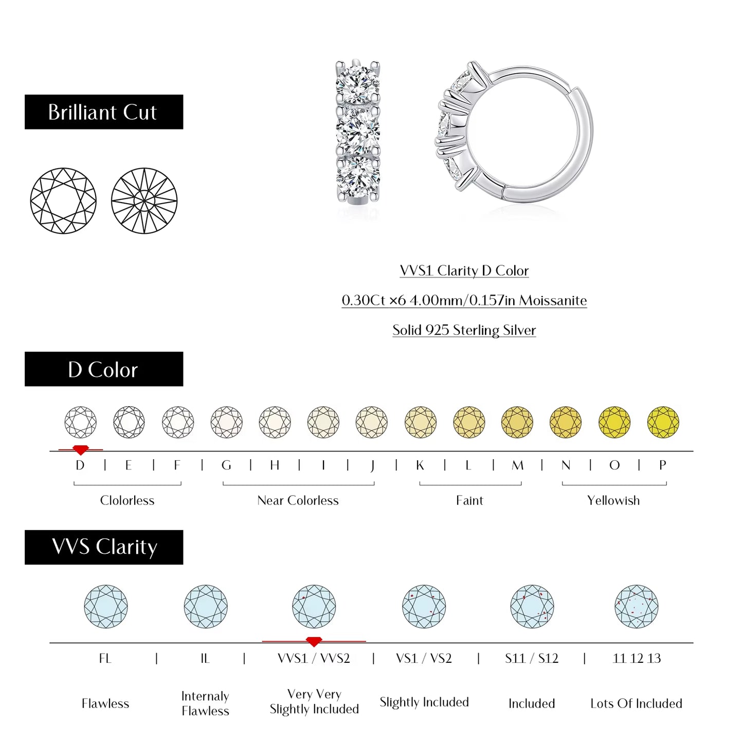 D Color Moissanite Classic Ear Buckle 925 Sterling Silver Trendy round Stackable Hoop Earrings for Women Fine Jewelry