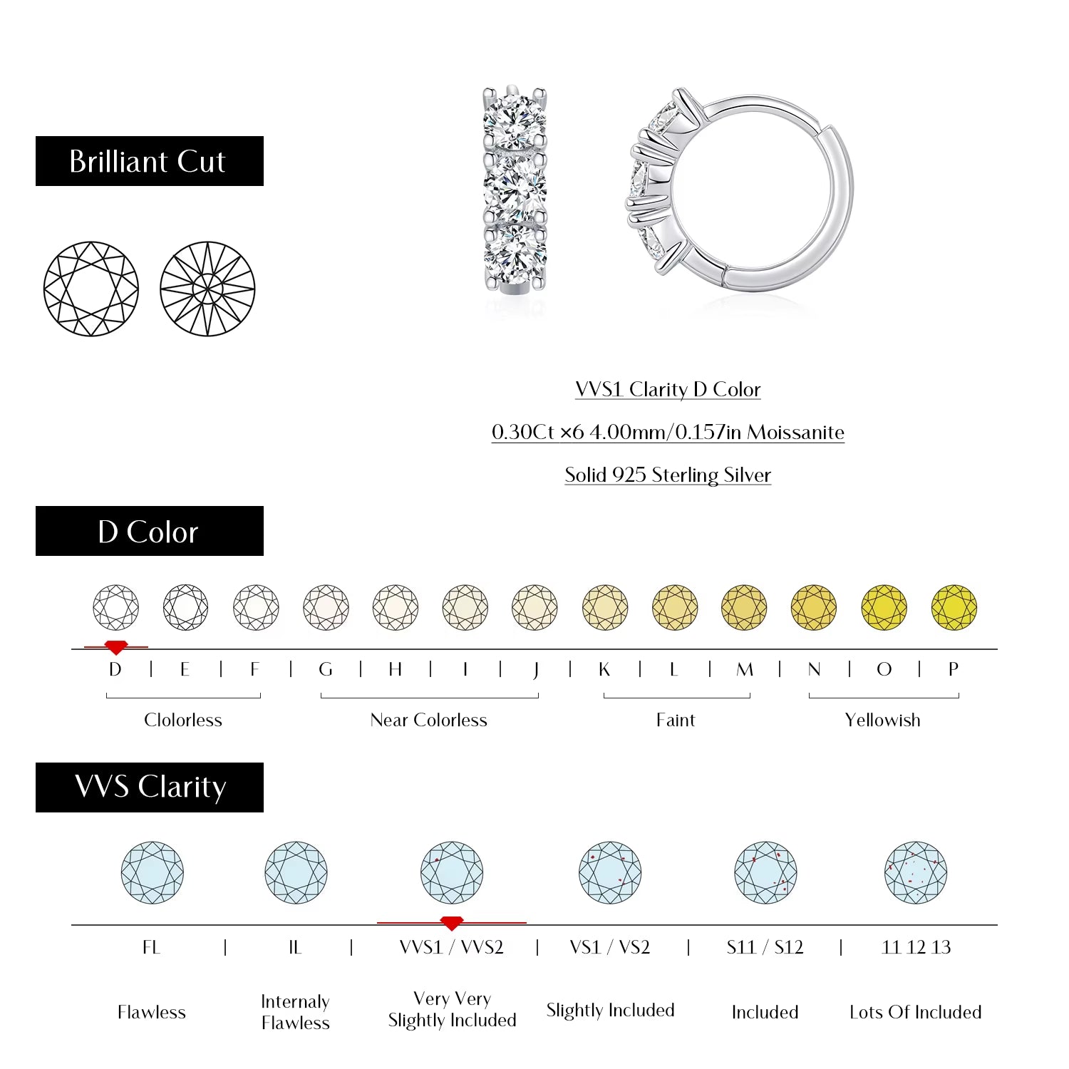 D Color Moissanite Classic Ear Buckle 925 Sterling Silver Trendy round Stackable Hoop Earrings for Women Fine Jewelry