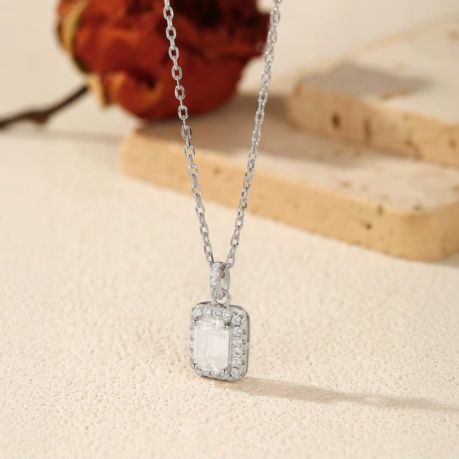 1CT D Color Emerald Cut Moissanite Halo Necklace 925 Sterling Silver Rectangle Wedding Pendant Necklace for Women Jewelry