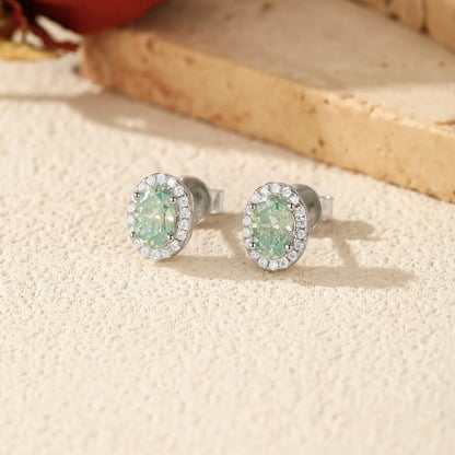 1CT D Color Green Moissanite Halo Earrings 925 Sterling Silver Elegant Oval Stud Earrings for Women Party Fine Jewelry