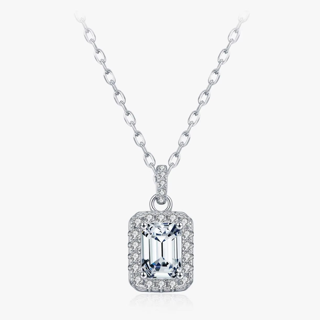 1CT D Color Emerald Cut Moissanite Halo Necklace 925 Sterling Silver Rectangle Wedding Pendant Necklace for Women Jewelry