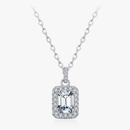 1CT D Color Emerald Cut Moissanite Halo Necklace 925 Sterling Silver Rectangle Wedding Pendant Necklace for Women Jewelry