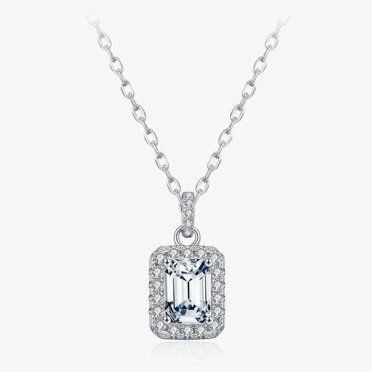 1CT D Color Emerald Cut Moissanite Halo Necklace 925 Sterling Silver Rectangle Wedding Pendant Necklace for Women Jewelry